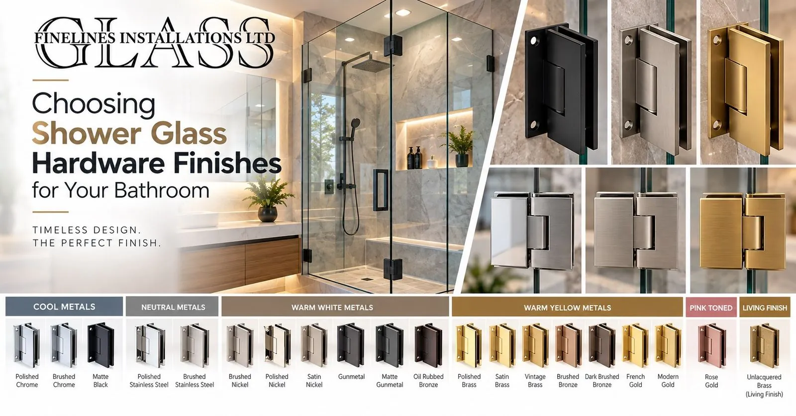 A shower enclosure with matte black hardware next to a chart of shower glass hinge finish families, from polished chrome to modern gold