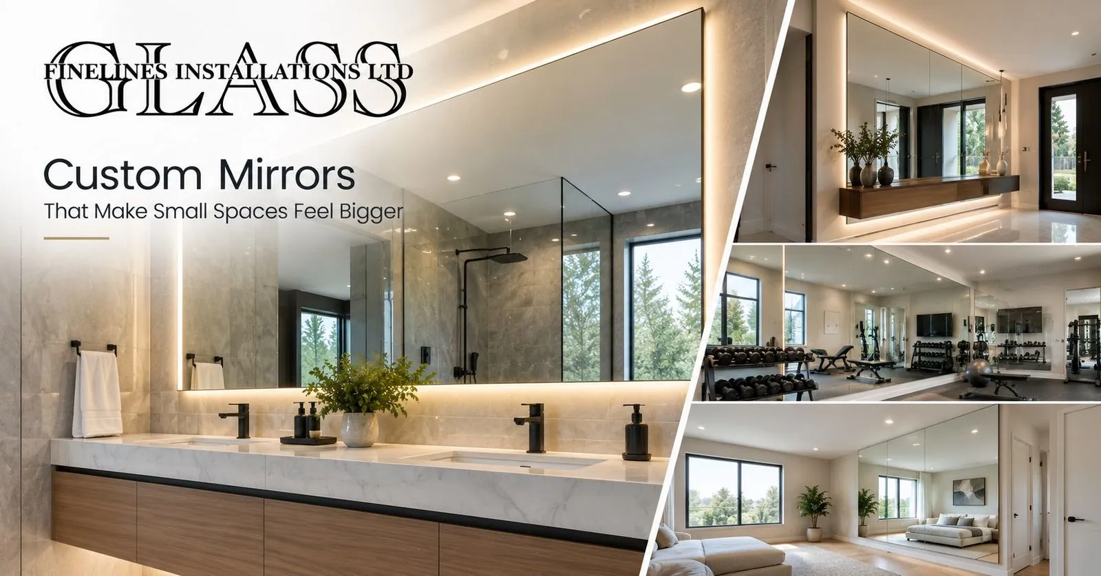 A custom bathroom vanity mirror alongside full-wall mirror installations in a home gym and living space