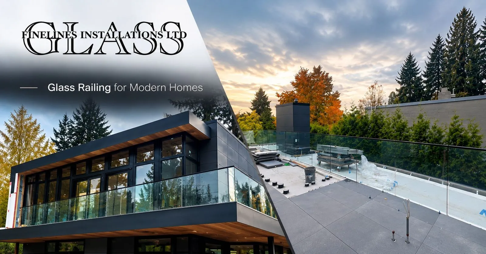A glass railing installation in progress on a rooftop deck, next to the same glass railing fully finished on a modern home