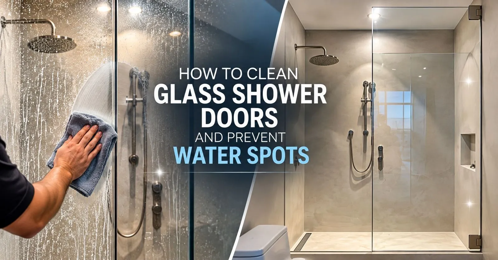 Cleaning a glass shower door to prevent water spots beside a clear frameless shower enclosure