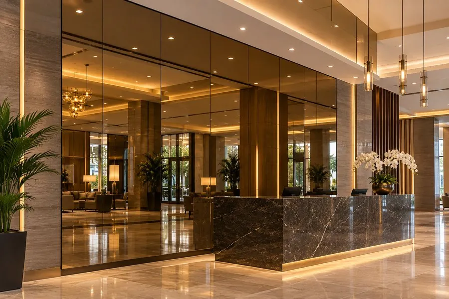 Bronze Mirror (Warm Architectural Reflection, Hospitality & High-End Interiors) — mirror installation