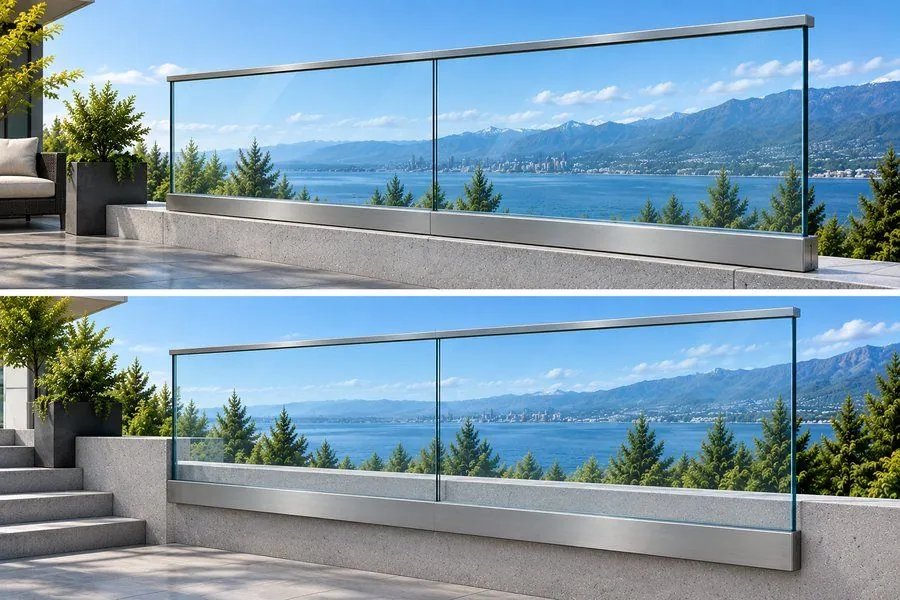 Base Shoe Glass Railing (Top Mount & Side Mount Applications) — installed glass railing