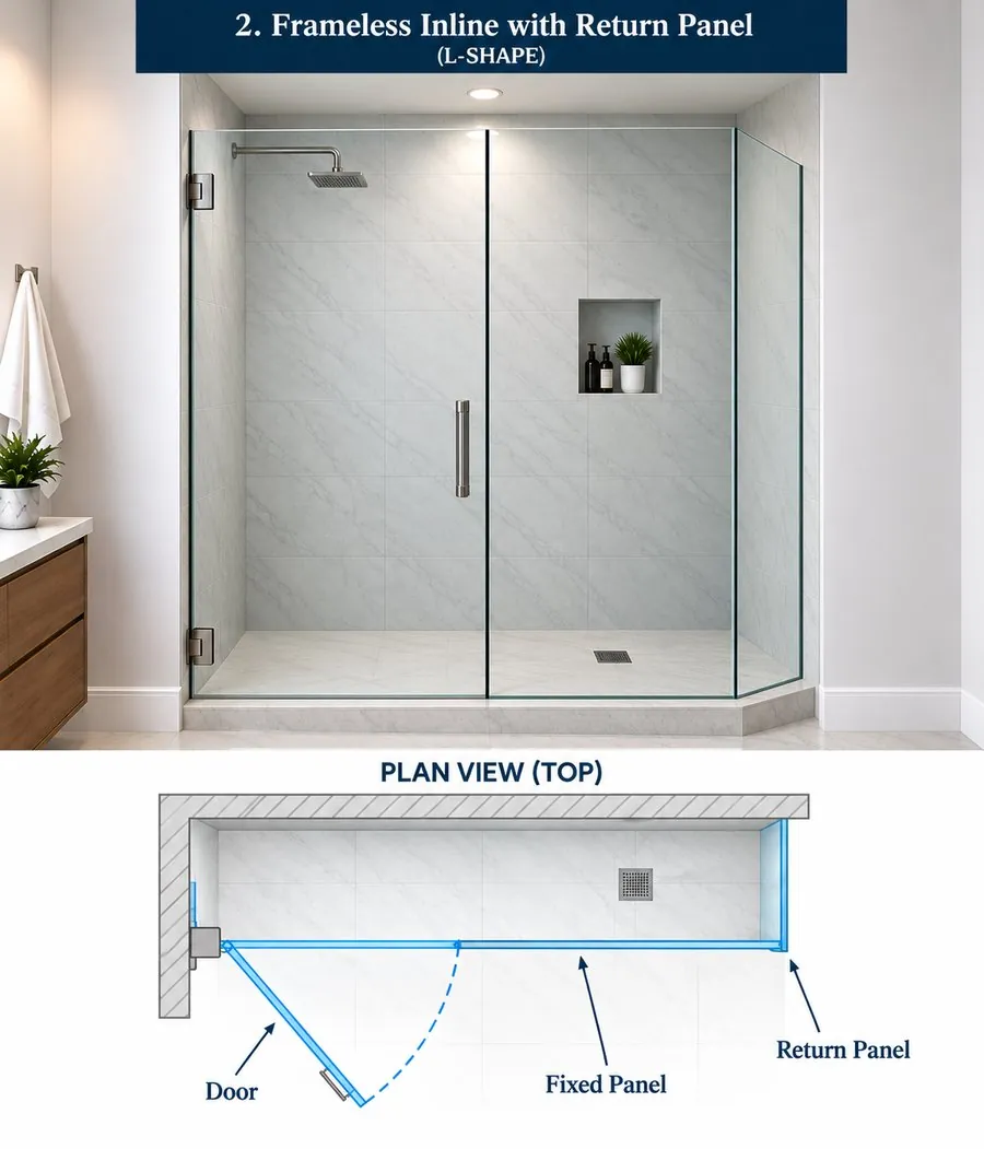 Frameless Inline with Return Panel (L-Shape) — installed enclosure photo and plan-view diagram