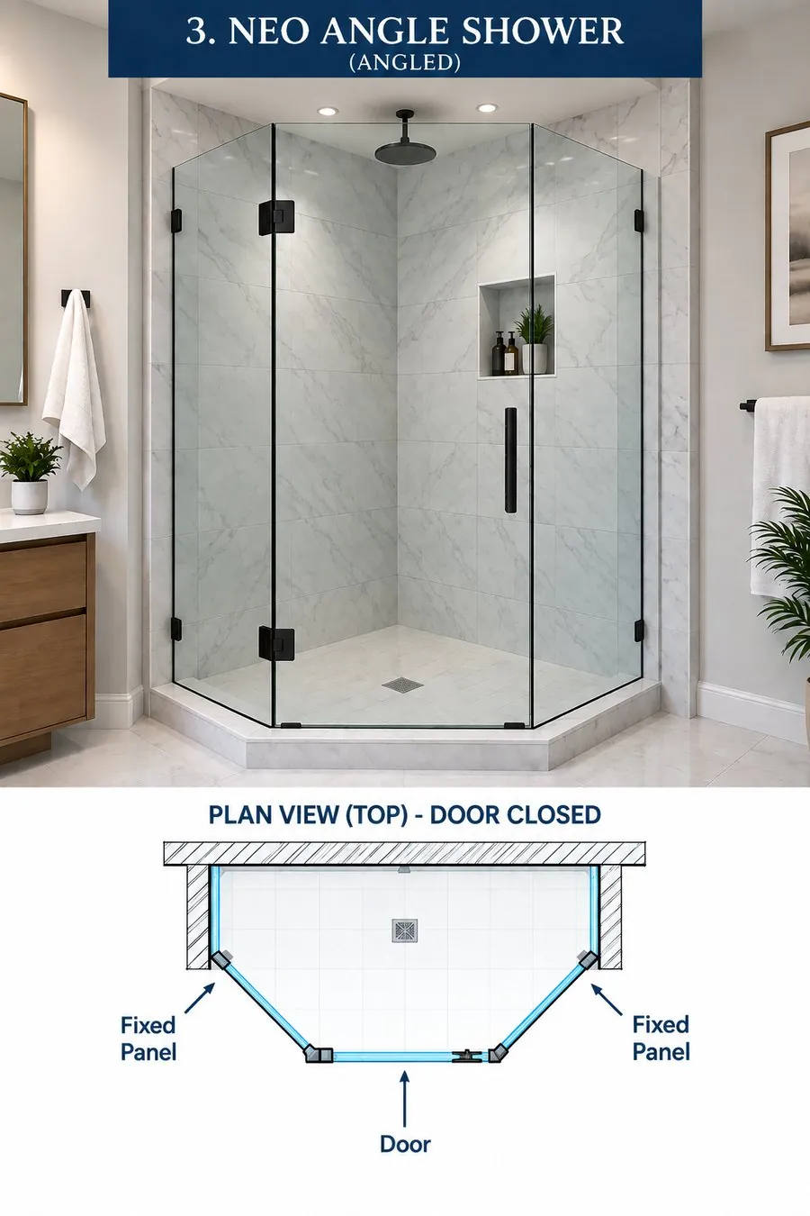 Neo-Angle Shower (Angled) — installed enclosure photo and plan-view diagram