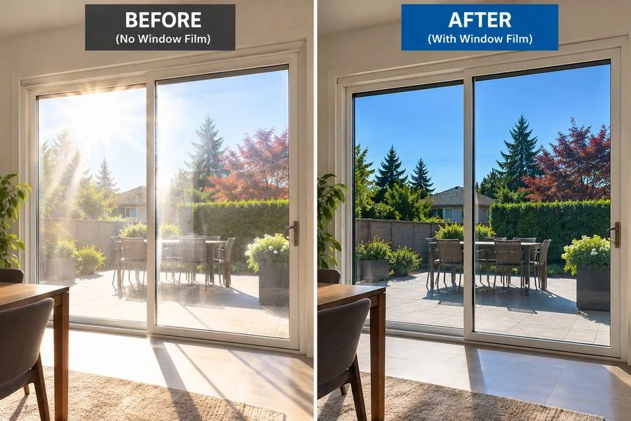 Window Film Application (Residential & Commercial, Interior & Exterior Applications) — before and after
