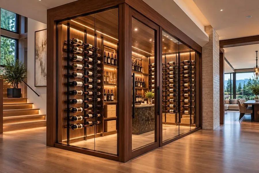 Wood-Framed Glass Wine Cellar Enclosures (Natural Materials, Architectural Glass) — installed wine cellar enclosure